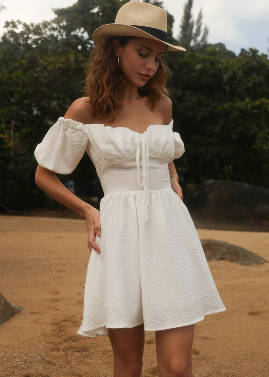 Off-Shoulder Puff Sleeve Mini Dress – Feminine & Flirty