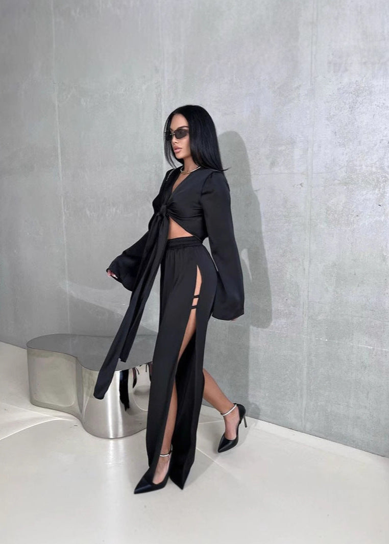 Noir Seduction - Satin Two-Piece Slit Set