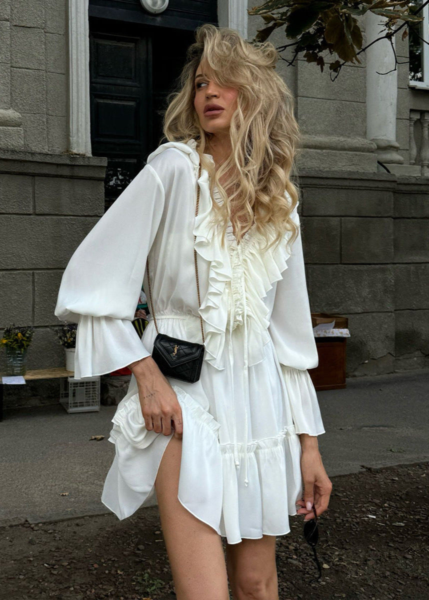 Ruffled Long-Sleeve Mini Dress – Romantic Boho Charm
