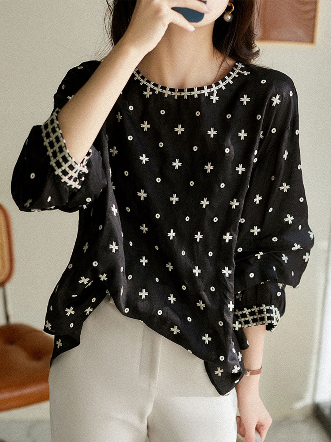 Alexa Classic Embroidered Round Neck Puff Sleeve Top