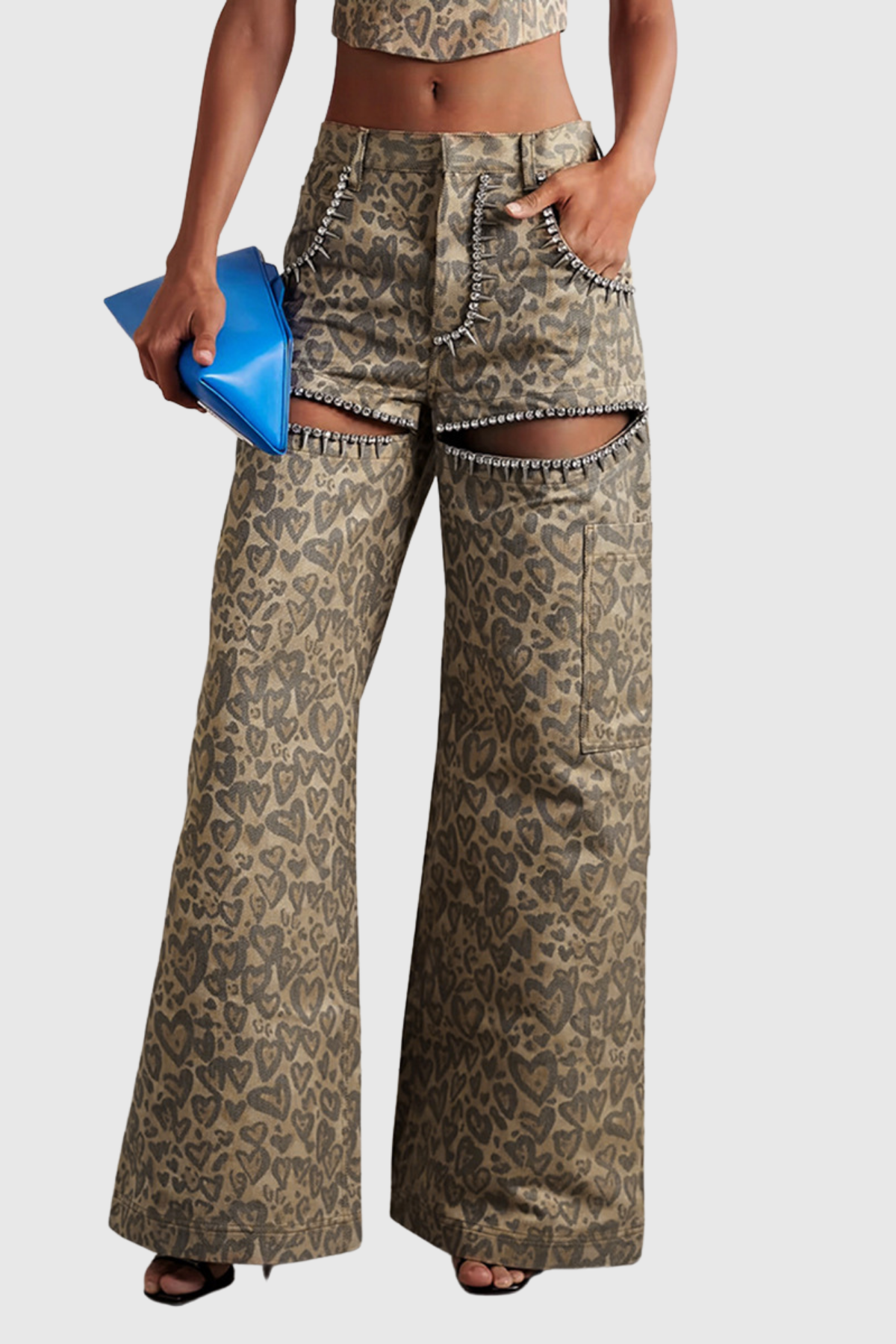 Monica Leopard Rhinestone Cutout Jeans