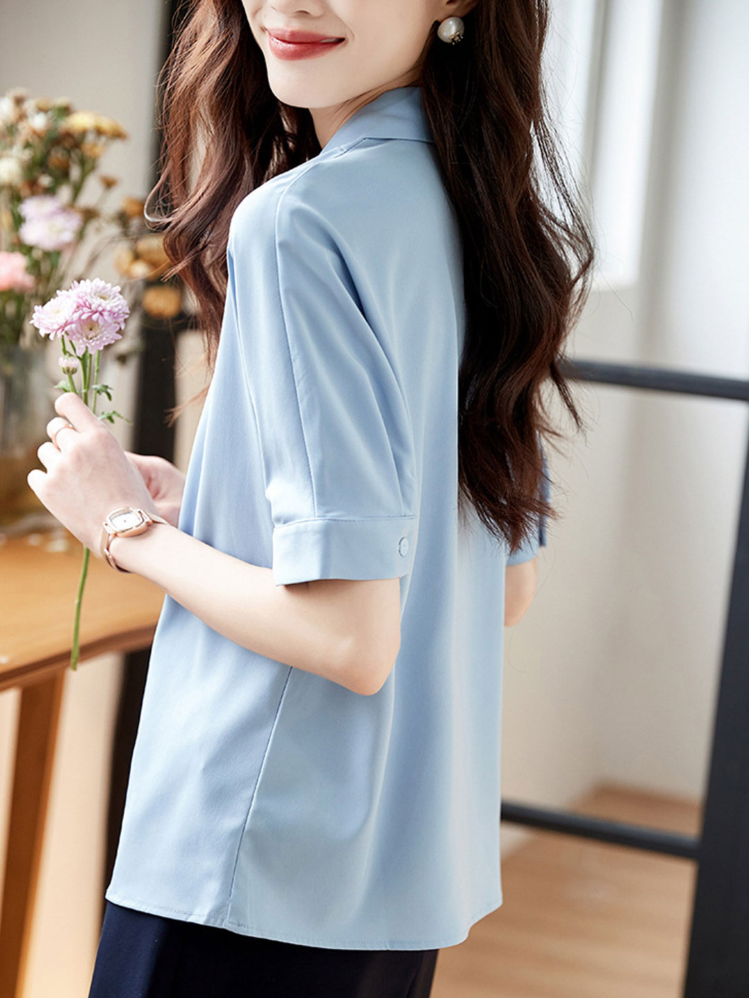 Madison Classic Bow Chiffon Shirt-Blue