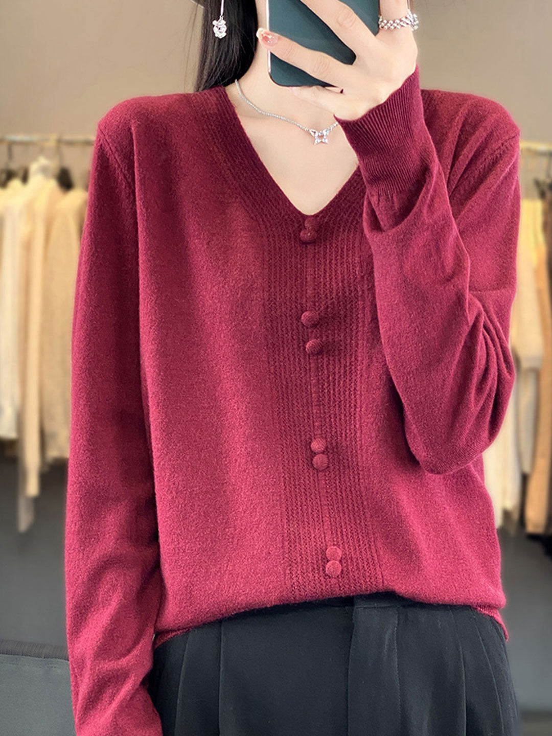 Abigail Casual V-neck Loose Knitted Sweater-Green