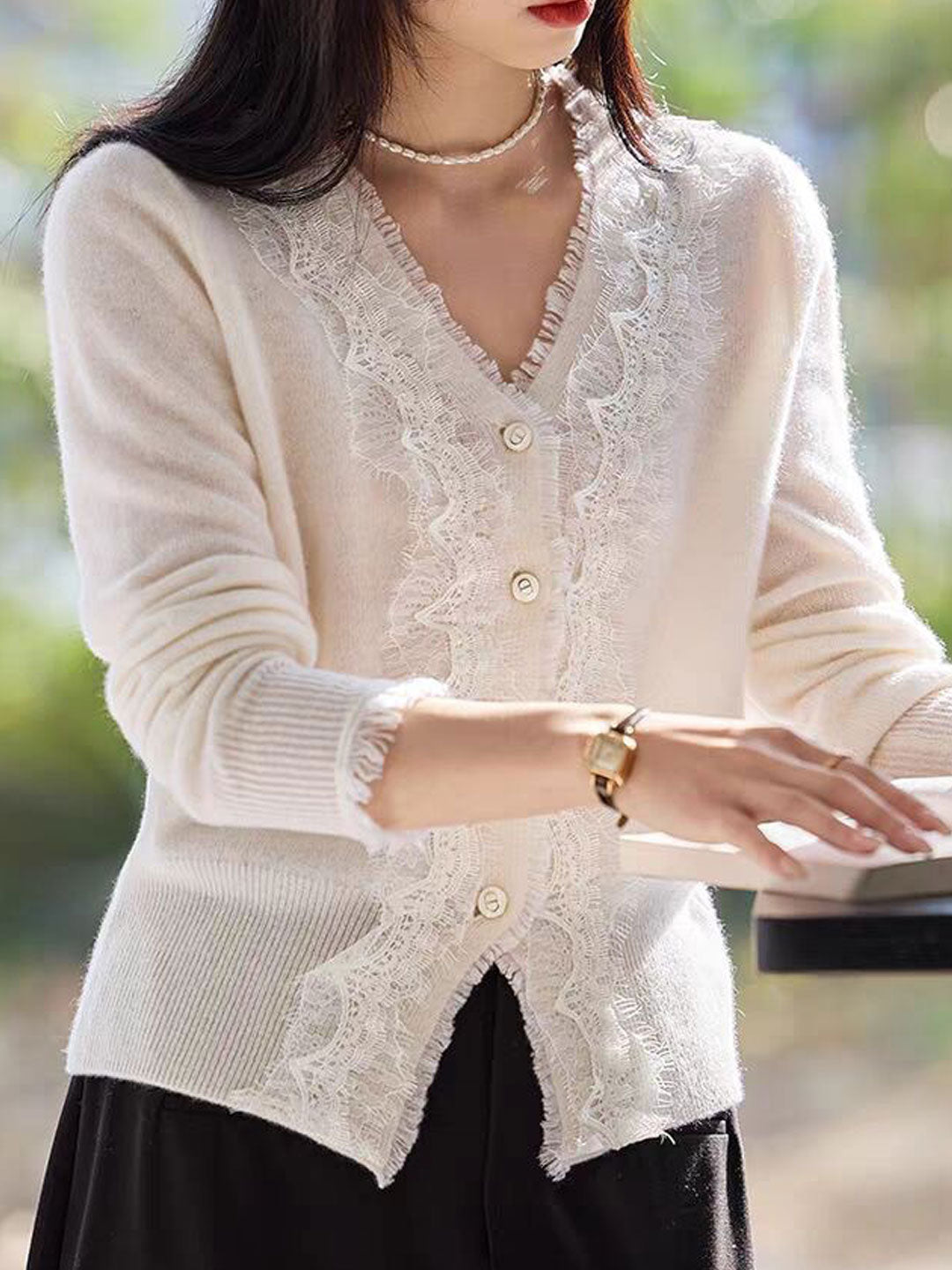 Emma Elegant V-Neck Lace Knitted Cardigan