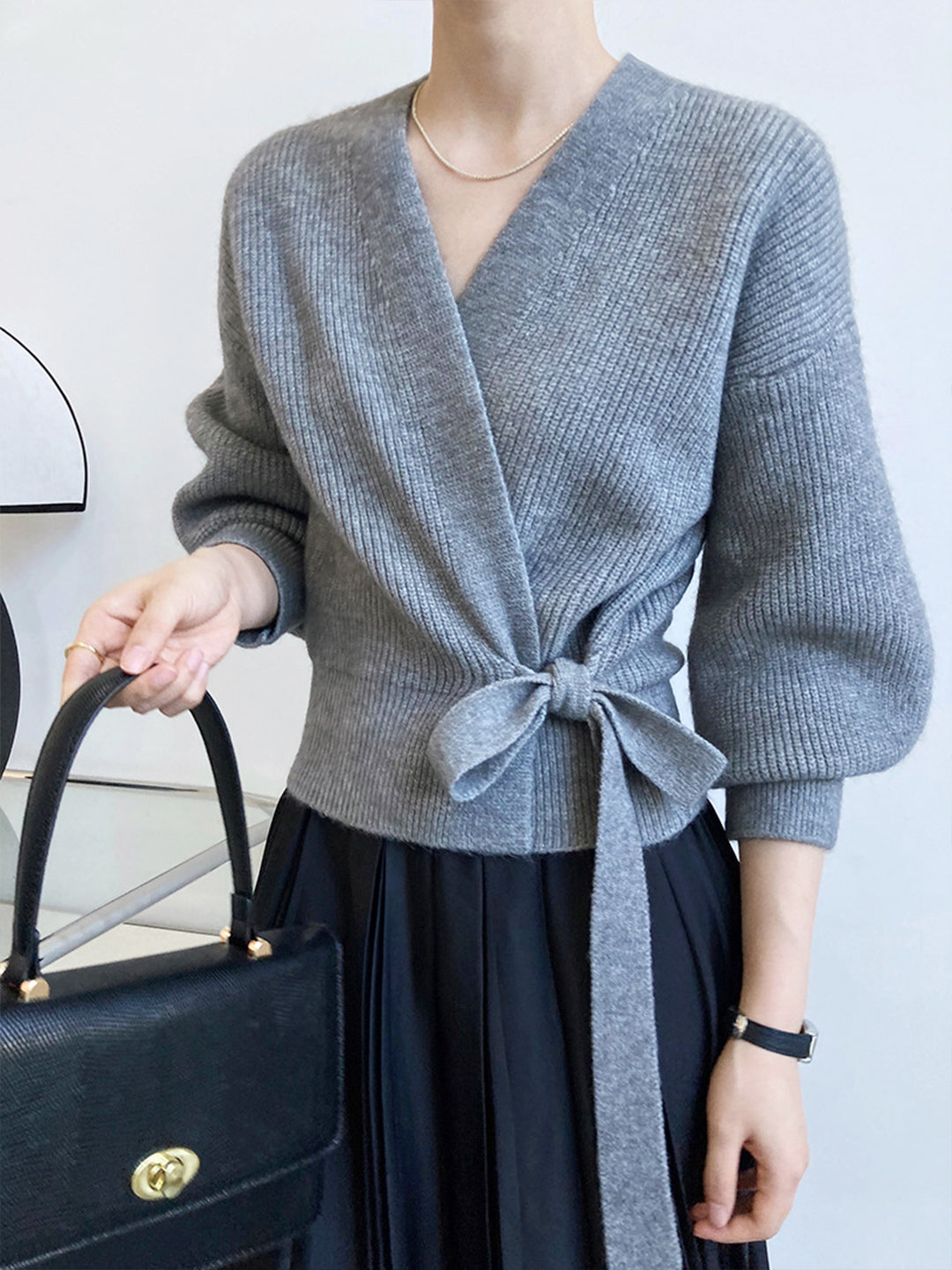 Emily Retro V-neck Knitted Cardigan-Gray