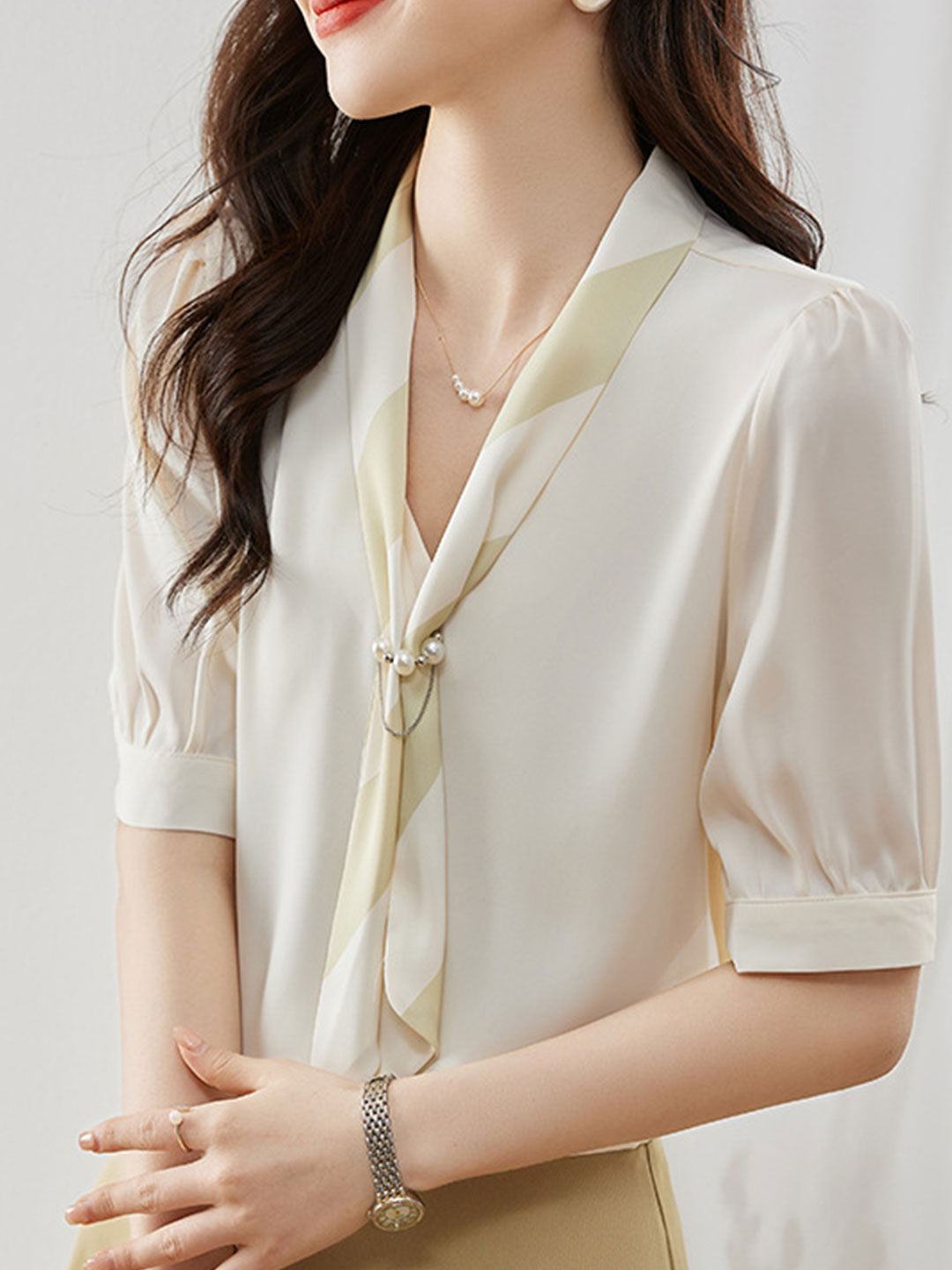 Mya Casual Loose Bow Satin Panelled Shirt-Green
