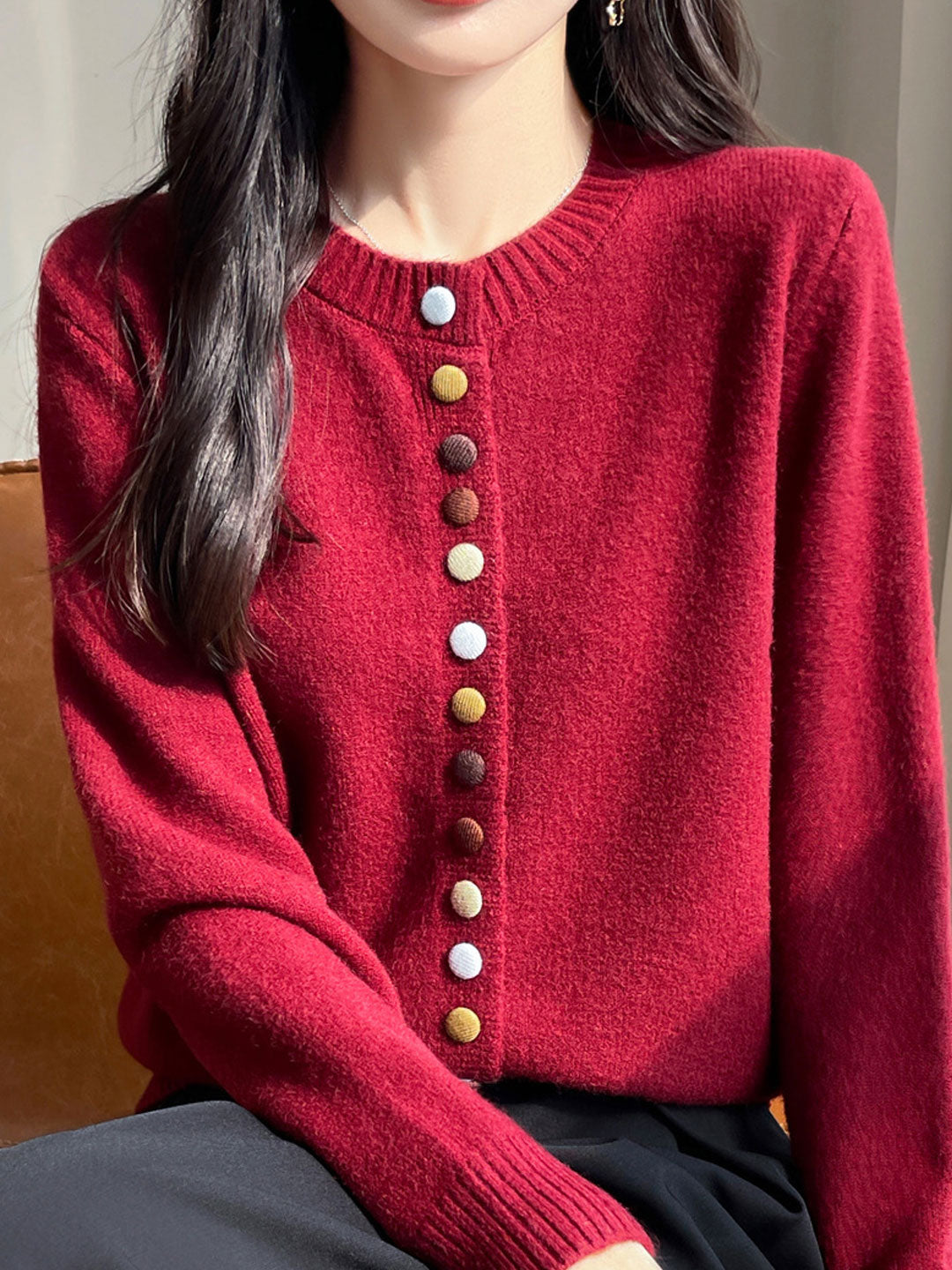 Sophia Classic Crew Neck Colorful Button Knitted Cardigan-Red