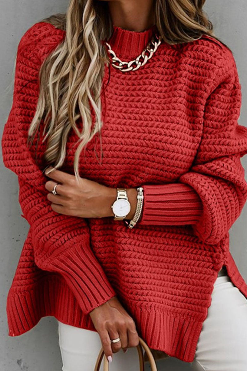 Fashion Street Solid Slit O Neck Sweaters(3 Colors)