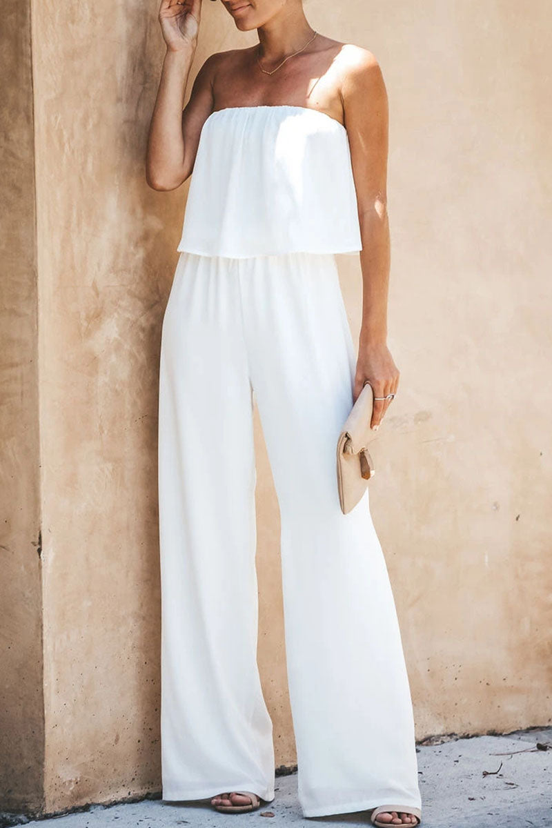 Fashion Street Solid Split Joint Strapless Loose Jumpsuits