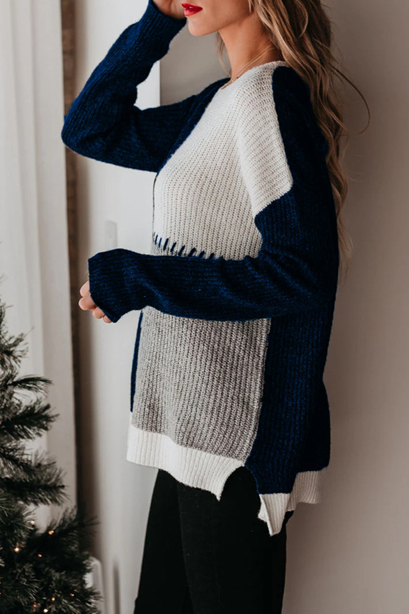 Casual Color Lump Split Joint O Neck Tops