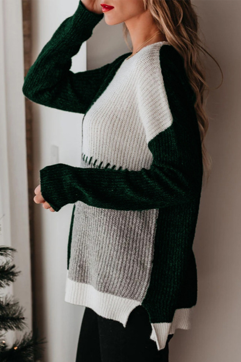 Casual Color Lump Split Joint O Neck Tops