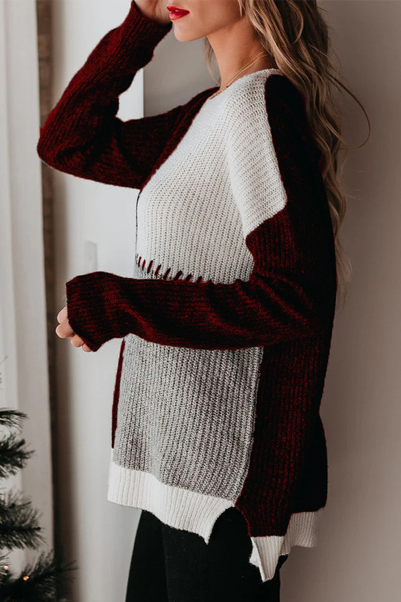 Casual Color Lump Split Joint O Neck Tops
