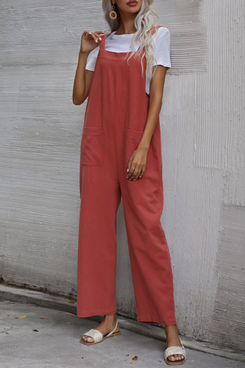 Casual Solid Pocket Buttons Straight Jumpsuits