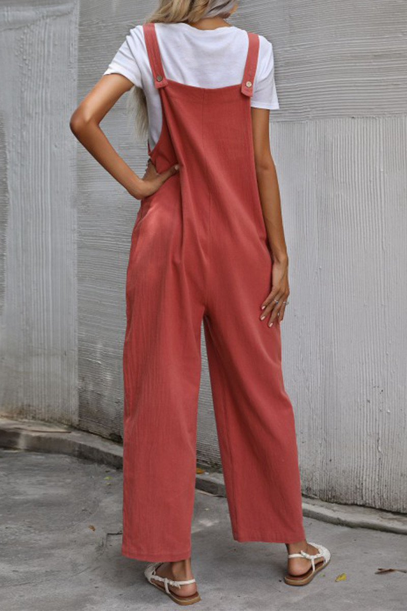 Casual Solid Pocket Buttons Straight Jumpsuits