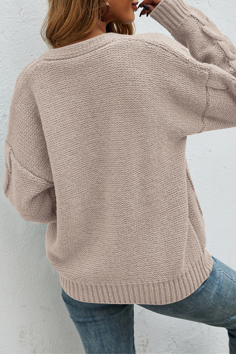 Casual Solid Buckle V Neck Tops Sweater