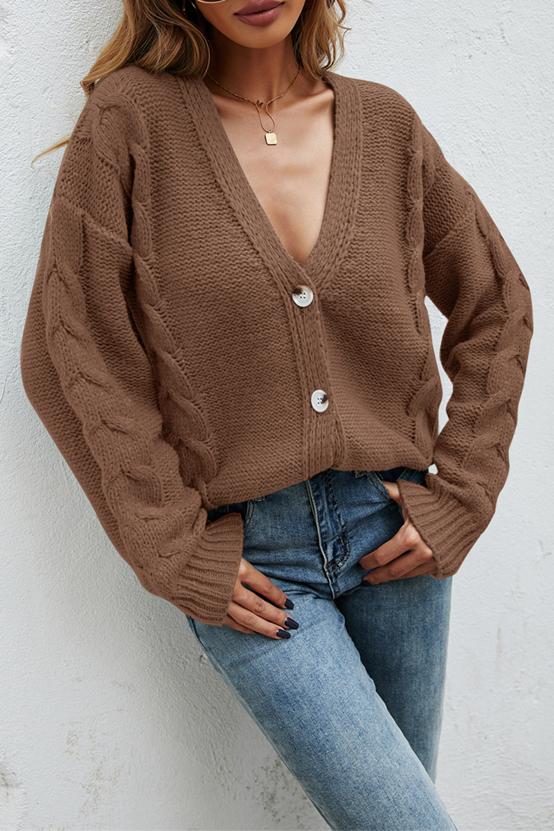 Casual Solid Buckle V Neck Tops Sweater
