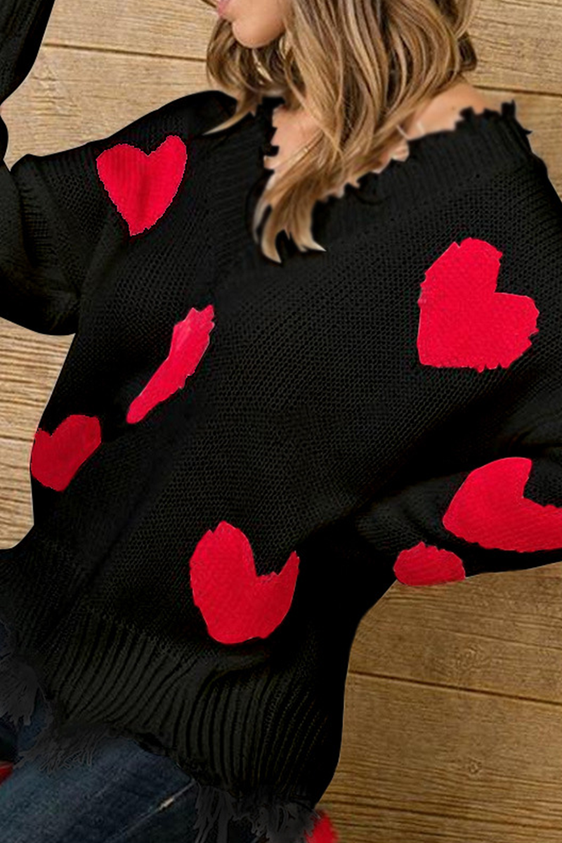 Casual Print Tassel Contrast V Neck Tops Sweater