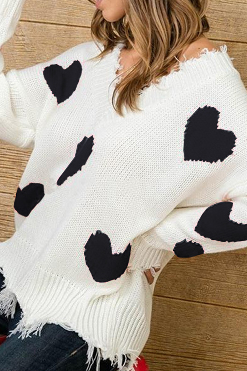 Casual Print Tassel Contrast V Neck Tops Sweater