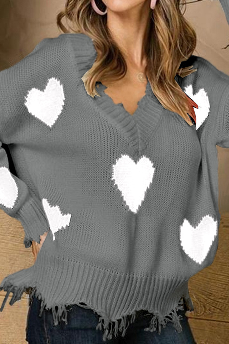 Casual Print Tassel Contrast V Neck Tops Sweater