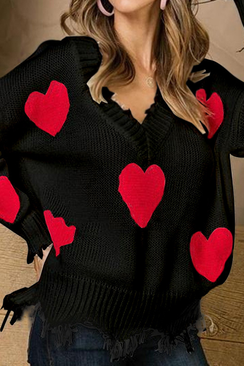 Casual Print Tassel Contrast V Neck Tops Sweater