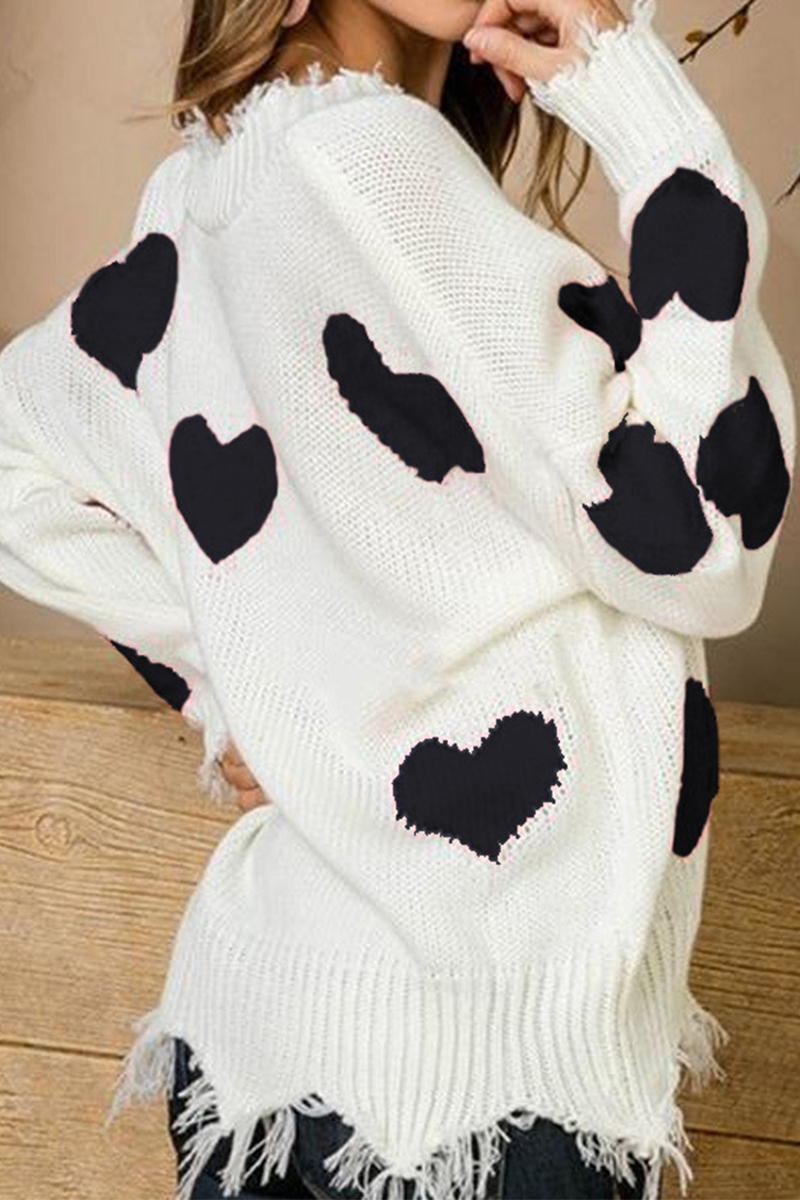 Casual Print Tassel Contrast V Neck Tops Sweater