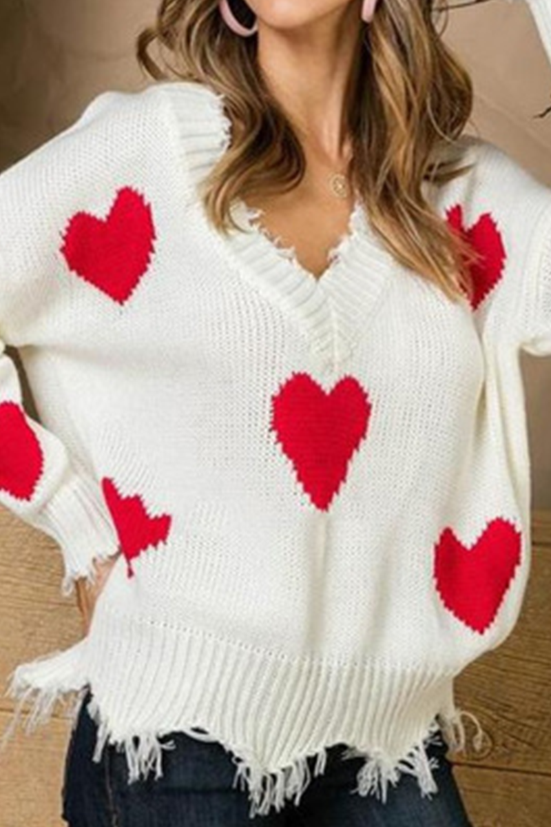 Casual Print Tassel Contrast V Neck Tops Sweater