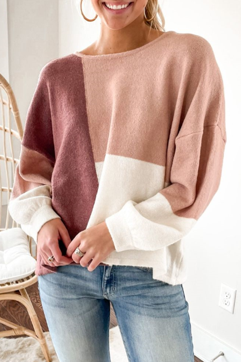 Casual Patchwork Contrast O Neck Tops Sweater