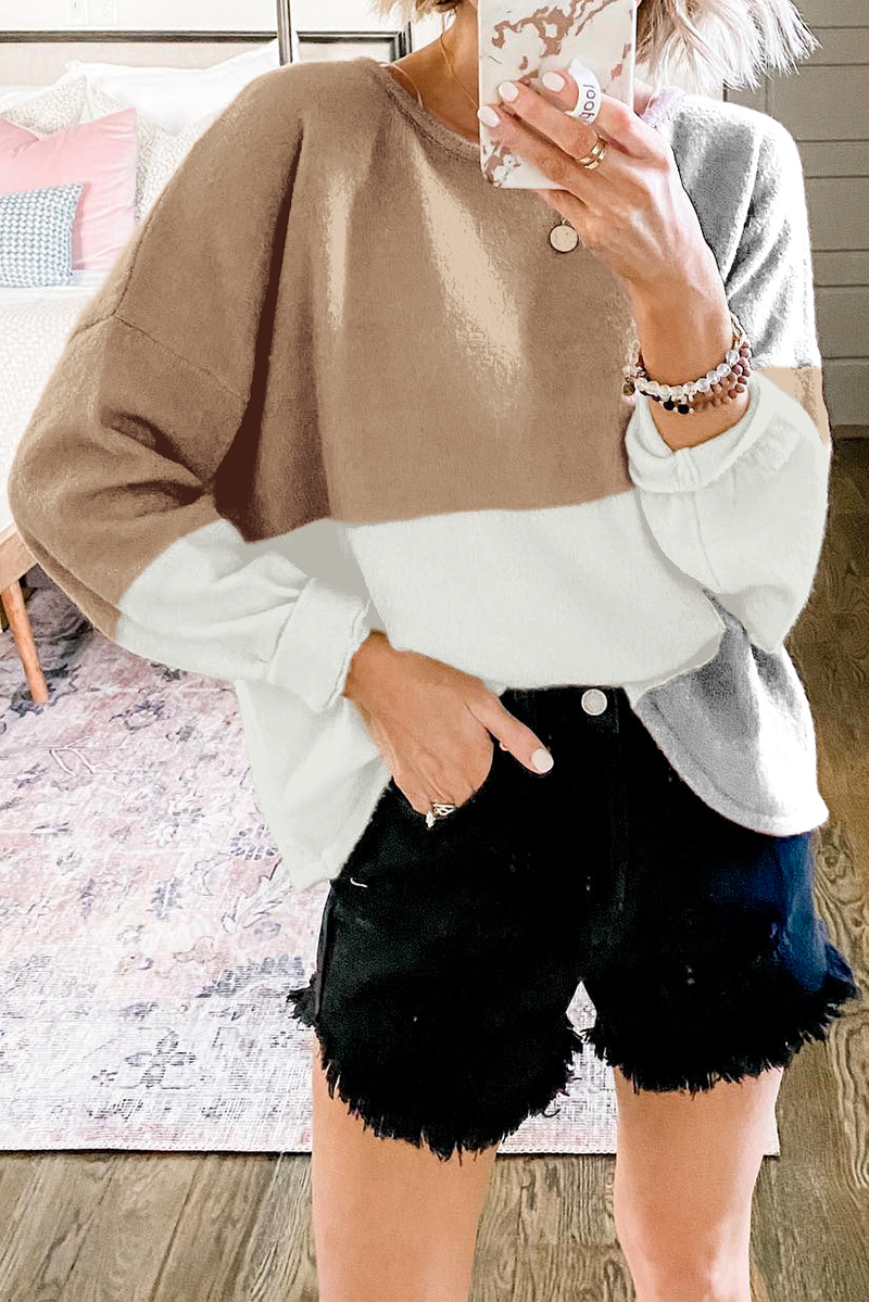 Casual Patchwork Contrast O Neck Tops Sweater