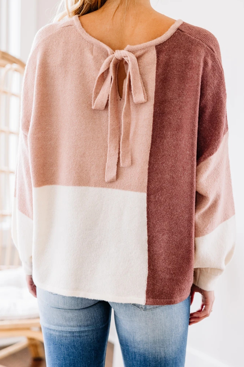 Casual Patchwork Contrast O Neck Tops Sweater
