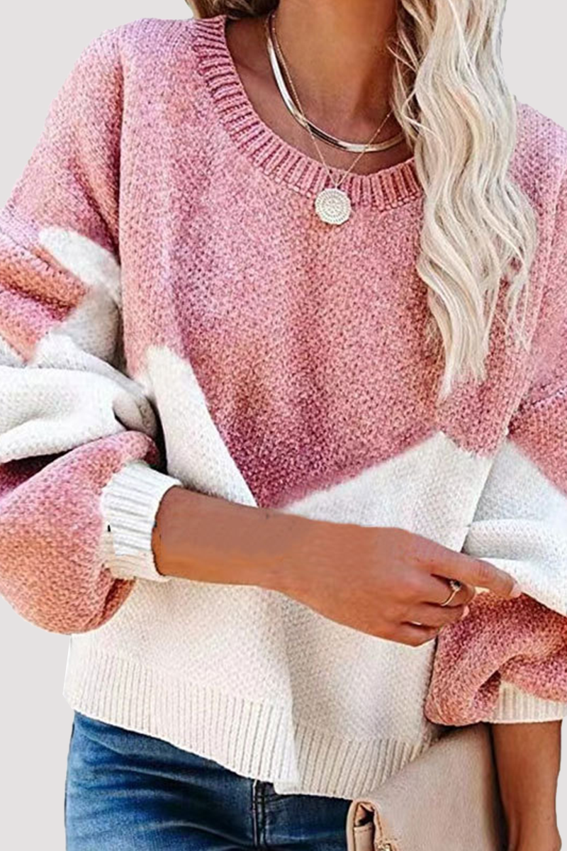 Casual Geometric Contrast O Neck Tops Sweater