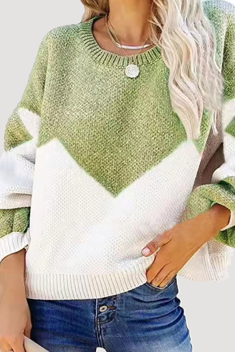 Casual Geometric Contrast O Neck Tops Sweater