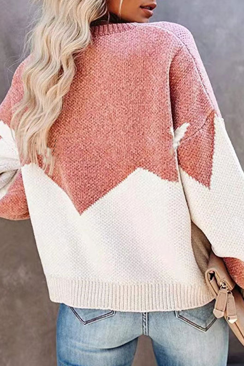 Casual Geometric Contrast O Neck Tops Sweater