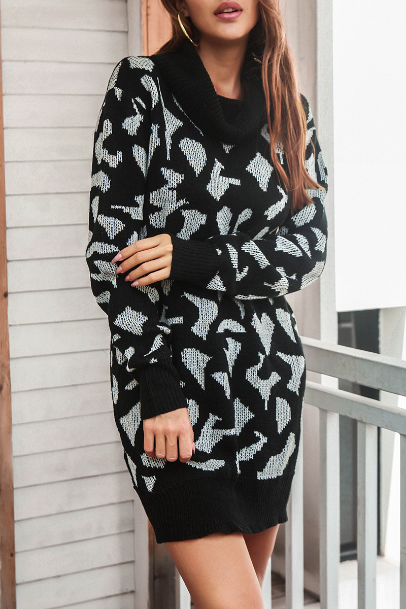 Casual Print Contrast Turtleneck Dresses Sweater
