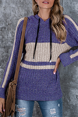 Casual Patchwork Draw String Contrast Hooded Collar Tops
