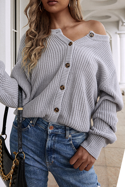Casual Solid Buckle O Neck Tops Sweater(5 Colors)