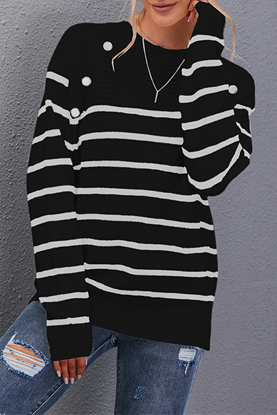 Casual Striped Split Joint Buttons O Neck Tops