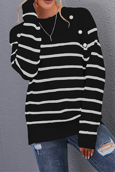 Casual Striped Split Joint Buttons O Neck Tops