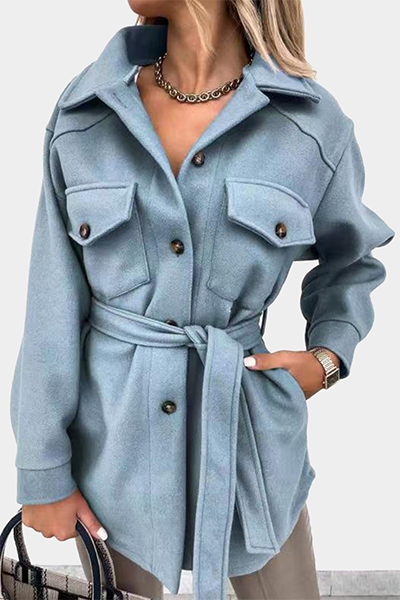 Casual Street Solid Buckle With Belt Turndown Collar Outerwear