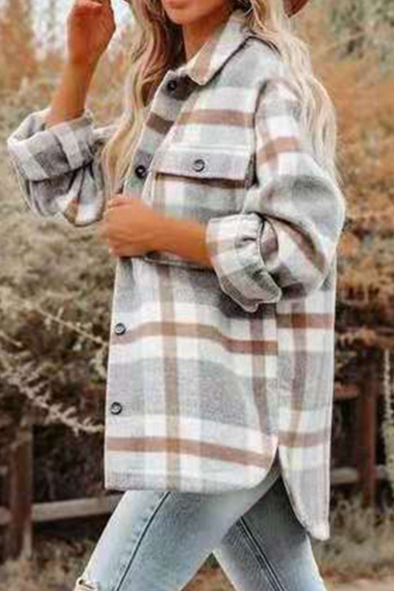 Fashion Plaid Turndown Collar Outerwear