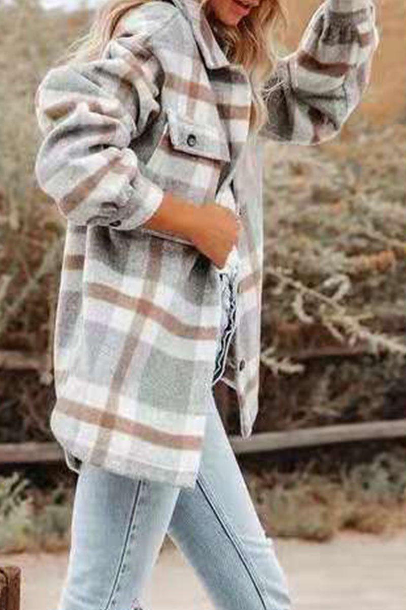 Fashion Plaid Turndown Collar Outerwear
