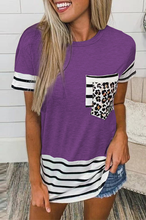 Casual Striped Leopard Split Joint Pocket O Neck T-Shirts(10 Colors)