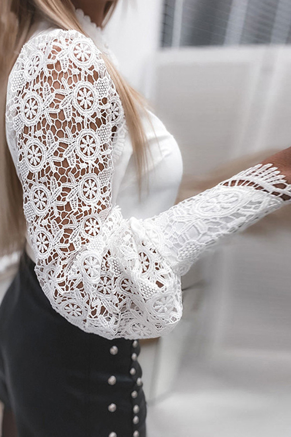 Elegant Solid Lace Hollowed Out Buckle Mandarin Collar Blouses(4 Colors)