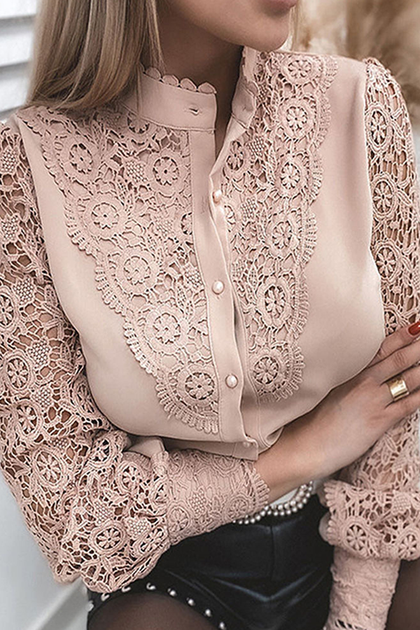 Elegant Solid Lace Hollowed Out Buckle Mandarin Collar Blouses(4 Colors)