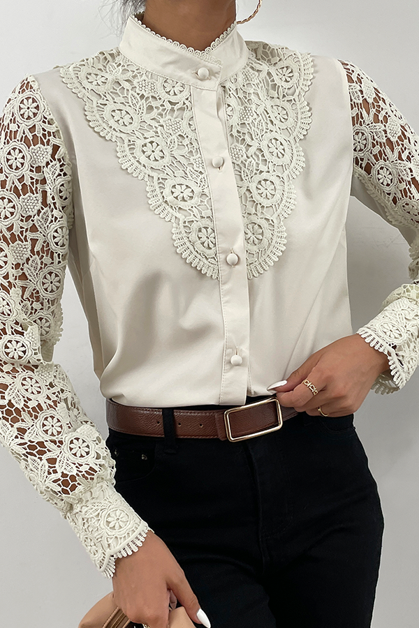 Elegant Solid Lace Hollowed Out Buckle Mandarin Collar Blouses(4 Colors)