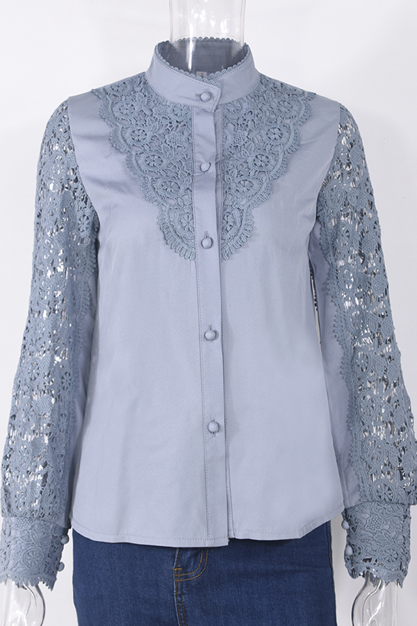 Elegant Solid Lace Hollowed Out Buckle Mandarin Collar Blouses(4 Colors)