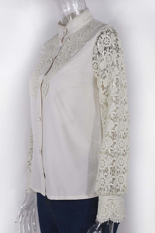 Elegant Solid Lace Hollowed Out Buckle Mandarin Collar Blouses(4 Colors)