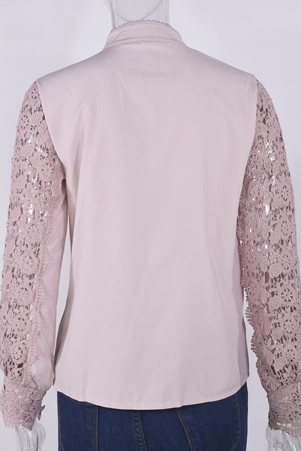 Elegant Solid Lace Hollowed Out Buckle Mandarin Collar Blouses(4 Colors)