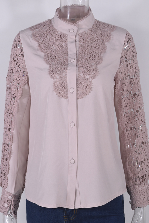 Elegant Solid Lace Hollowed Out Buckle Mandarin Collar Blouses(4 Colors)