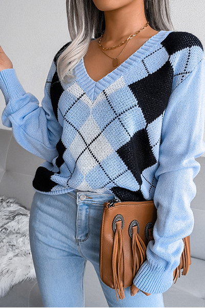 Casual Geometric Split Joint V Neck Tops(3 Colors)