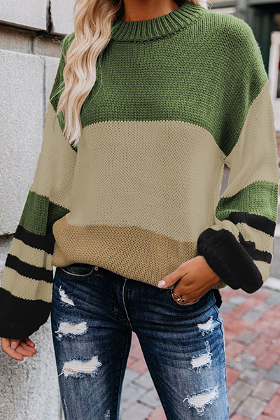 Casual Striped Split Joint Contrast O Neck Tops Sweater
